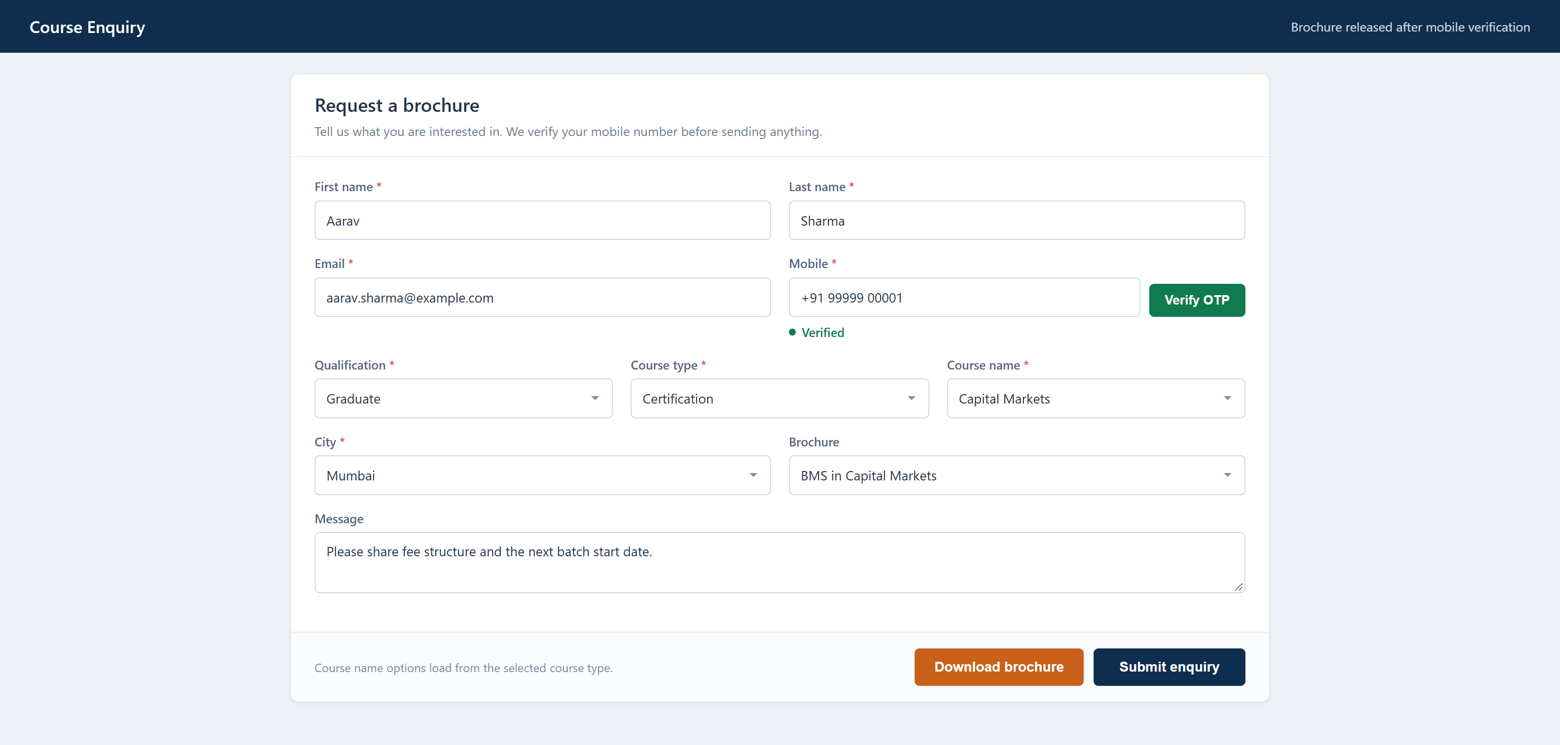 The enquiry form: contact fields with a verified mobile number, dependent course dropdowns, and a brochure download