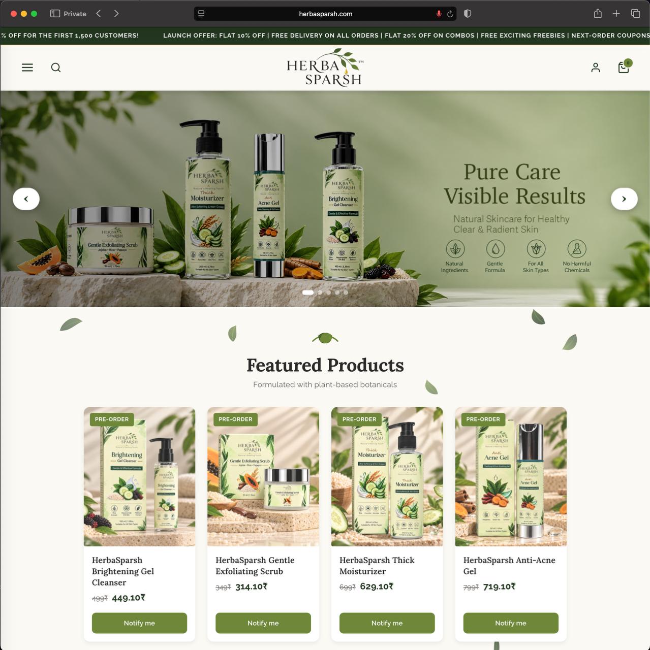 The HerbaSparsh storefront: a product range banner above featured plant-based skincare products